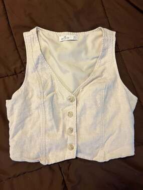 Hollister Linen-Blend Button-Up Cropped Vest Cream Size XS